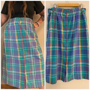 Vintage Jantzen Bright Plaid Windowpane Elastic Waist Summer Skirt XL-1X 12